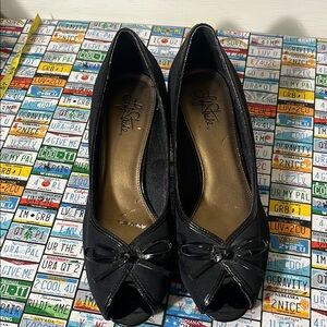 LifeStride Black Peep-Toe Heels (Bow Accent)